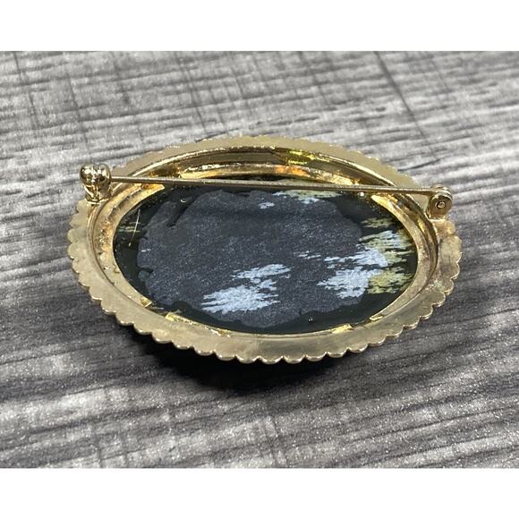 Vintage Oval Black Snowflake Obsidian Cabochon Gold Tone Brooch Pin - Picture 5 of 10